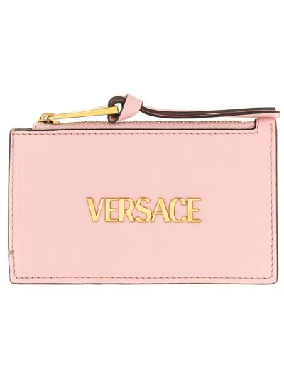 Versace Logo-lettering Tag Zip Cardholder In Pink