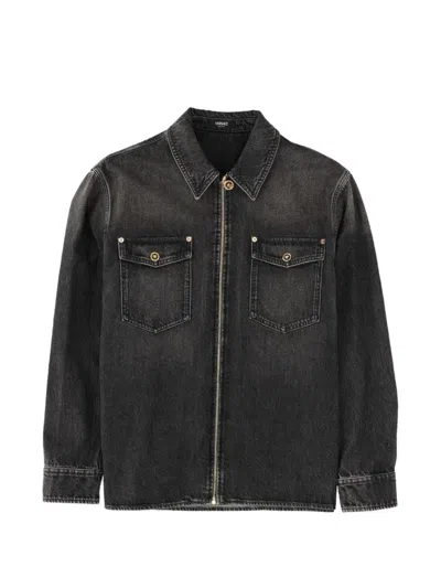 Versace Zip-up Denim Jacket In Black