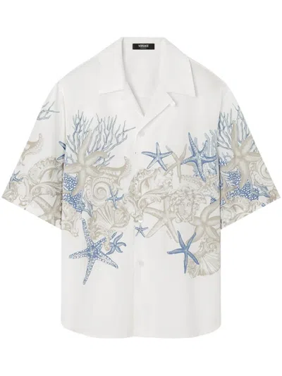 Versace Coral Print Cotton Short Sleeve Shirt In Multi