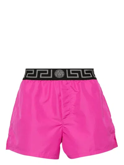 Versace Greca Logo-waistband Swim Shorts In Pink & Purple