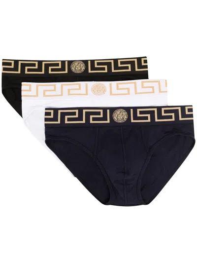 Versace Greca-print Cotton Briefs Set In Black