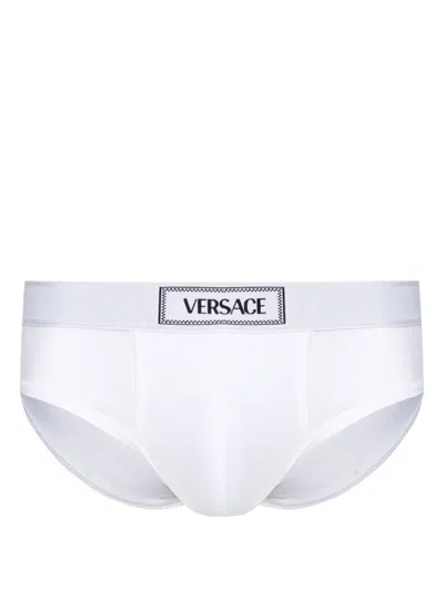 Versace Slip Con Banda Logo In Bianco