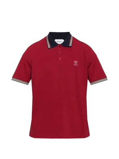 Versace -style Embroidered Medusa Logo Greek Motif Shirt-collar Polo With Three-button Placket In Multi