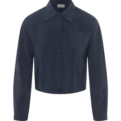 Versatile Copper Tencel Button Front Cropped Blouse In Blue