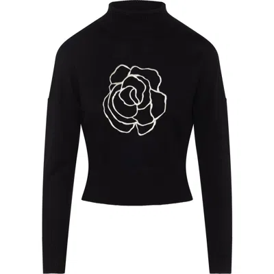 Versatile Cropped Embroidered Turtle Neck Knit Sweater In Black