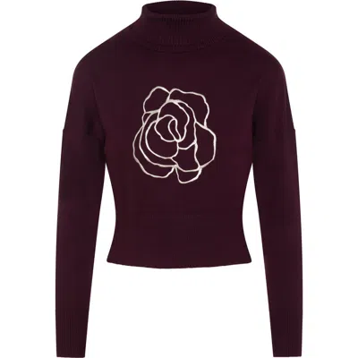 Versatile Cropped Embroidered Turtle Neck Knit Sweater In Burgundy