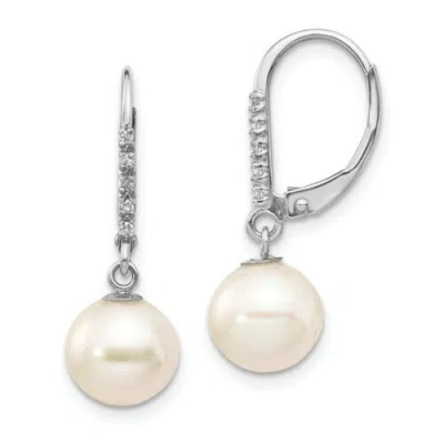 Pre-owned Versil 14k White Gold 8-9mm Round Fwc Pearl .05ct Diamond Leverback Earrings