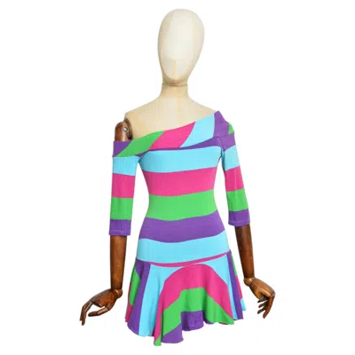Pre-owned Versus 2000's Versace Colourful Candy Stripe Off Shoulder Asymmetric Mini Dress In Blue