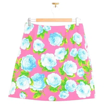 Pre-owned Versus 2000's Versace  Hot Pink & Blue Rose Floral Pattern Colourful Mini Skirt In Red