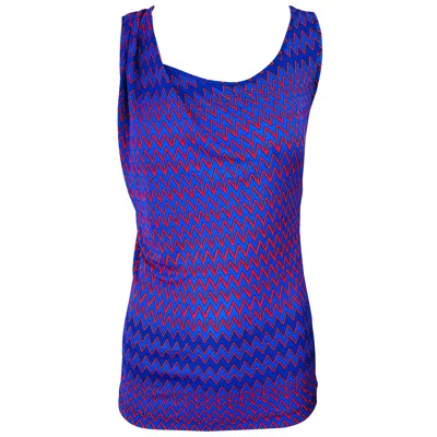 Pre-owned Versus 2000s Versace  Blue + Red Rayon Jersey Chevron Print Sleeveless Shirt Top