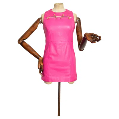 Pre-owned Versus 2013  Versace Hot Pink Fuchsia Leather & Gold Safety Pin Mini Shift Dress