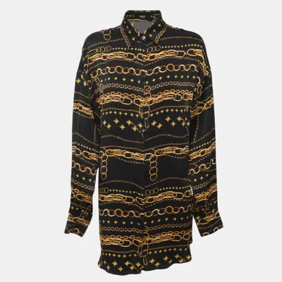 Pre-owned Versus Black Chain Link Printed Silk Satin Long Sleeve Shirt