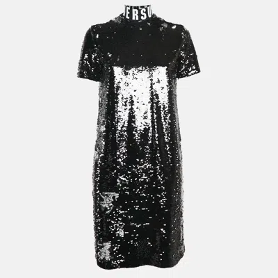Pre-owned Versus Black Sequin Embellished Mesh High-neck Mini Dress S