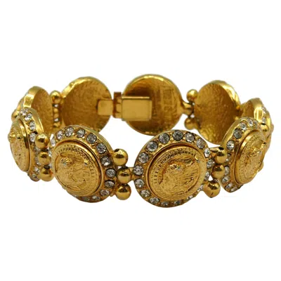 Pre-owned Versus By Versace Vintage Jewelled Gold Tone Feline Link Bracelet In Multi