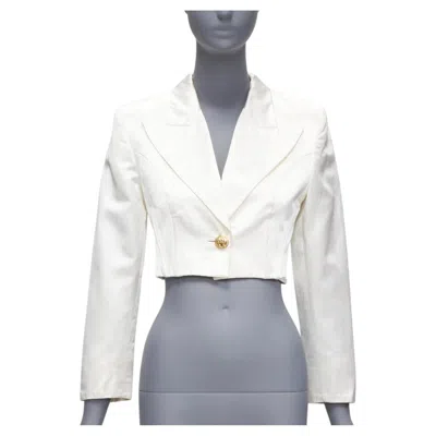 Pre-owned Versus Gianni Versace Pearl Satin Lattice Lace Back Cropped Blazer Jacket It42 M In Gray