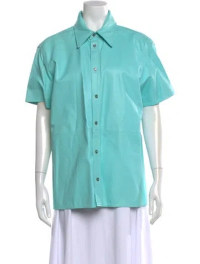 Pre-owned Versus Leather Short Sleeve Button-up Top In Blue