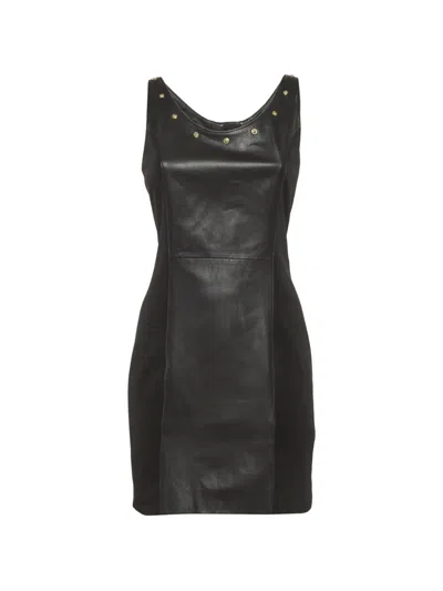 Pre-owned Versus Logo-stud Leather-panelled Mini Dress In Black