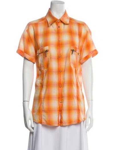 Pre-owned Versus Plaid Print Short Sleeve Button-up Top In Orange