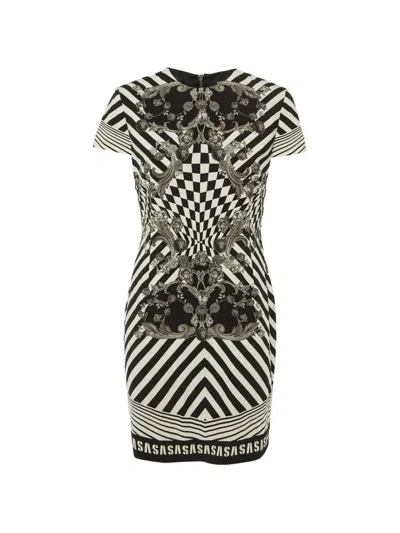 Pre-owned Versus Printed Crepe Mini Dress In Black