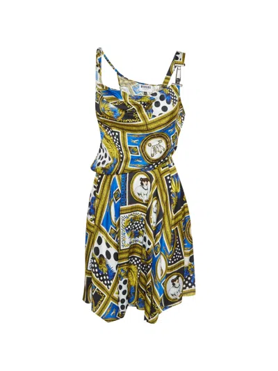 Pre-owned Versus Printed Satin Dress In Blue