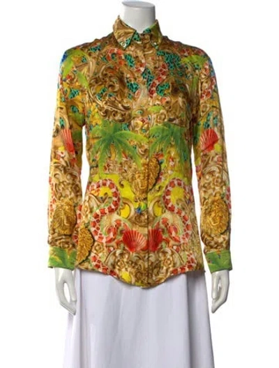 Pre-owned Versus Silk Graphic Print Button-up Top In Yellow