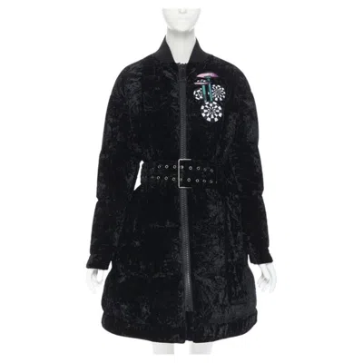 Pre-owned Versus Versace Embroidery Black Crushed Velvet Belted Puffer Jacket It38