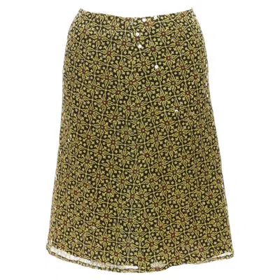 Pre-owned Versus Vintage 100% Silk Yellow Black Sequins Mid Rise Knee Skirt 26"