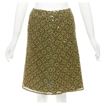Pre-owned Versus Vintage 100% Silk Yellow Black Sequins Mid Rise Knee Skirt 26"