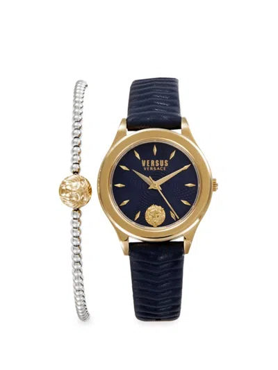 Versus Women's 2-piece 34mm Leather Strap Watch & Stainless Steel Bracelet Set In Blue