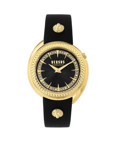 Versus Women's Two-hand Quartz Tortona Black Genuine Leather Strap 38mm In Gold