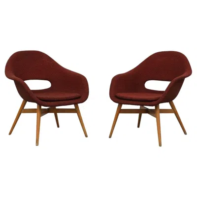 Pre-owned Vertex Pair Of Miroslav Navrátil Bucket Lounge Chairs For  In Red W/ Birch Frames
