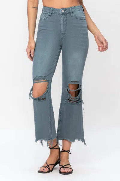 Vervet By Flying Monkey 90's Vintage Super High Rise Crop Deconstructed Flare Jeans In Mallard Green In Grey