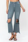 Vervet By Flying Monkey 90's Vintage Super High Rise Crop Deconstructed Flare Jeans In Mallard Green In Blue