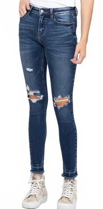 Vervet By Flying Monkey Distressed Mid Rise Frayed Hem Jean In Dark Wash In Brown