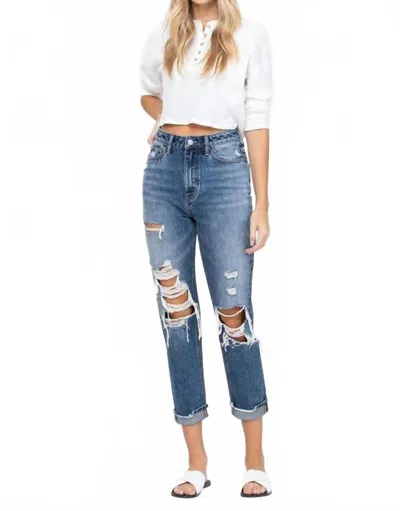 Vervet By Flying Monkey Emma Distressed Cuffed Mom Jeans In Dark Blue