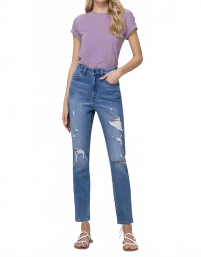 VERVET BY FLYING MONKEY ERIKA DISTRESSED MOM JEANS IN BLUE