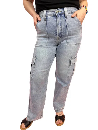 Vervet By Flying Monkey High Rise Cargo Stretch Jean In Light Wash In Blue