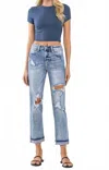 Vervet By Flying Monkey High Rise Cuffed Distressed Paint Boyfriend Jeans In Blue In Blue