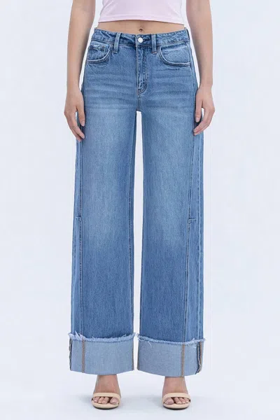 Vervet By Flying Monkey High Rise Cuffed Wide Jeans In Medium Wash In Blue