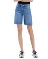 Vervet By Flying Monkey High Rise Raw Hem Bermuda Shorts In Valour In Blue