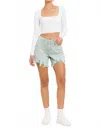 Vervet By Flying Monkey High Rise Side Slit Denim Shorts In Abstracted In Green