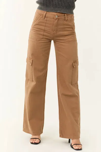 Vervet By Flying Monkey High Rise Wide Leg Cargo Jeans In Coffee In Gold