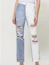 Vervet By Flying Monkey Justice Two Tone Distressed Mom Jeans In Light Denim/white