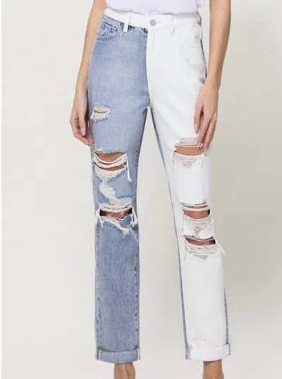 Vervet By Flying Monkey Justice Two Tone Distressed Mom Jeans In Light Denim/white