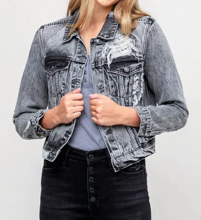 Vervet By Flying Monkey Kimber Distressed Patched Denim Jacket In Gray In Blue