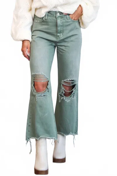 Vervet By Flying Monkey Leslie Distressed High Waisted Crop Flare Jeans In Olive Green In Blue