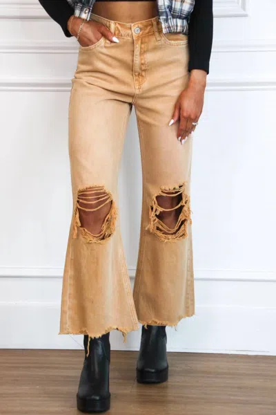 Vervet By Flying Monkey Leslie Distressed High Waisted Crop Flare Jeans In Tan In Brown