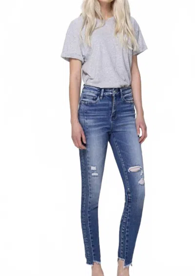 Vervet By Flying Monkey Mid Rise Ankle Skinny Jeans With Uneven Hem In Light Wash In Blue