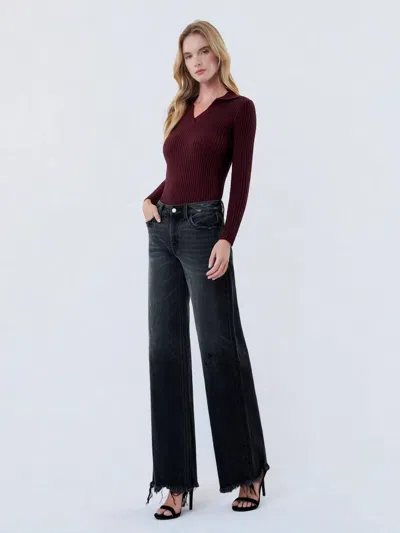 Vervet By Flying Monkey Mid Rise Distressed Hem Wide Leg Jeans In Black In Burgundy