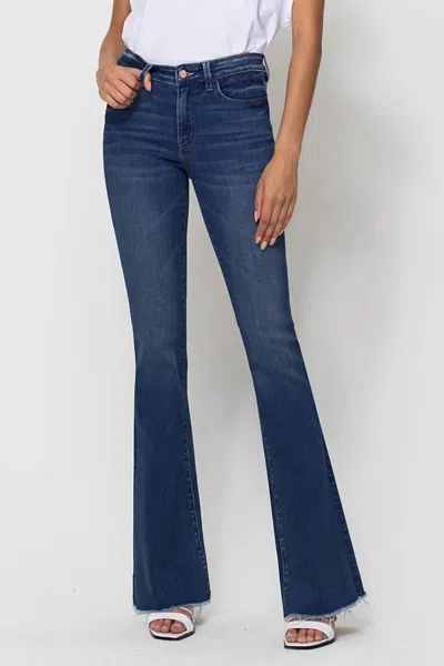 Vervet By Flying Monkey Mid Rise Raw Hem Flare Jeans In Witty In Blue